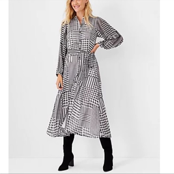Ann Taylor Dresses & Skirts - NWT Ann Taylor Dress Plaid Houndstooth Herringbone Belted Midi Flare Heritage